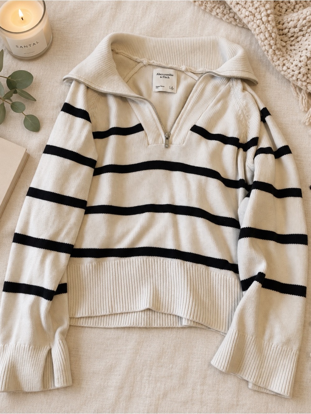 Abercrombie & Fitch Cream with Black Stripe Half-Zip Turtleneck Sweater